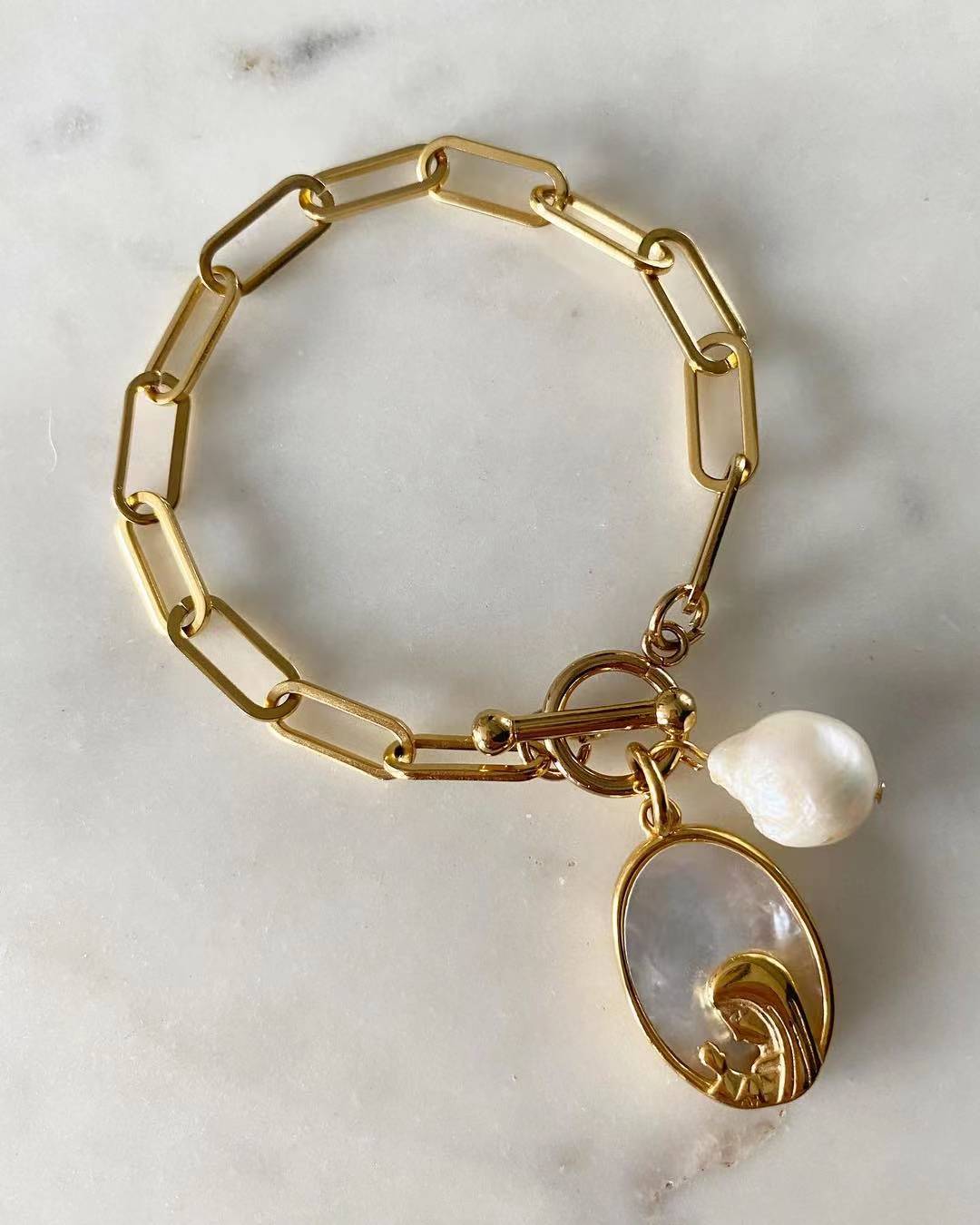 Our Lady of Lourdes With Freshwater Pearl Paperclip Chain Bracelet