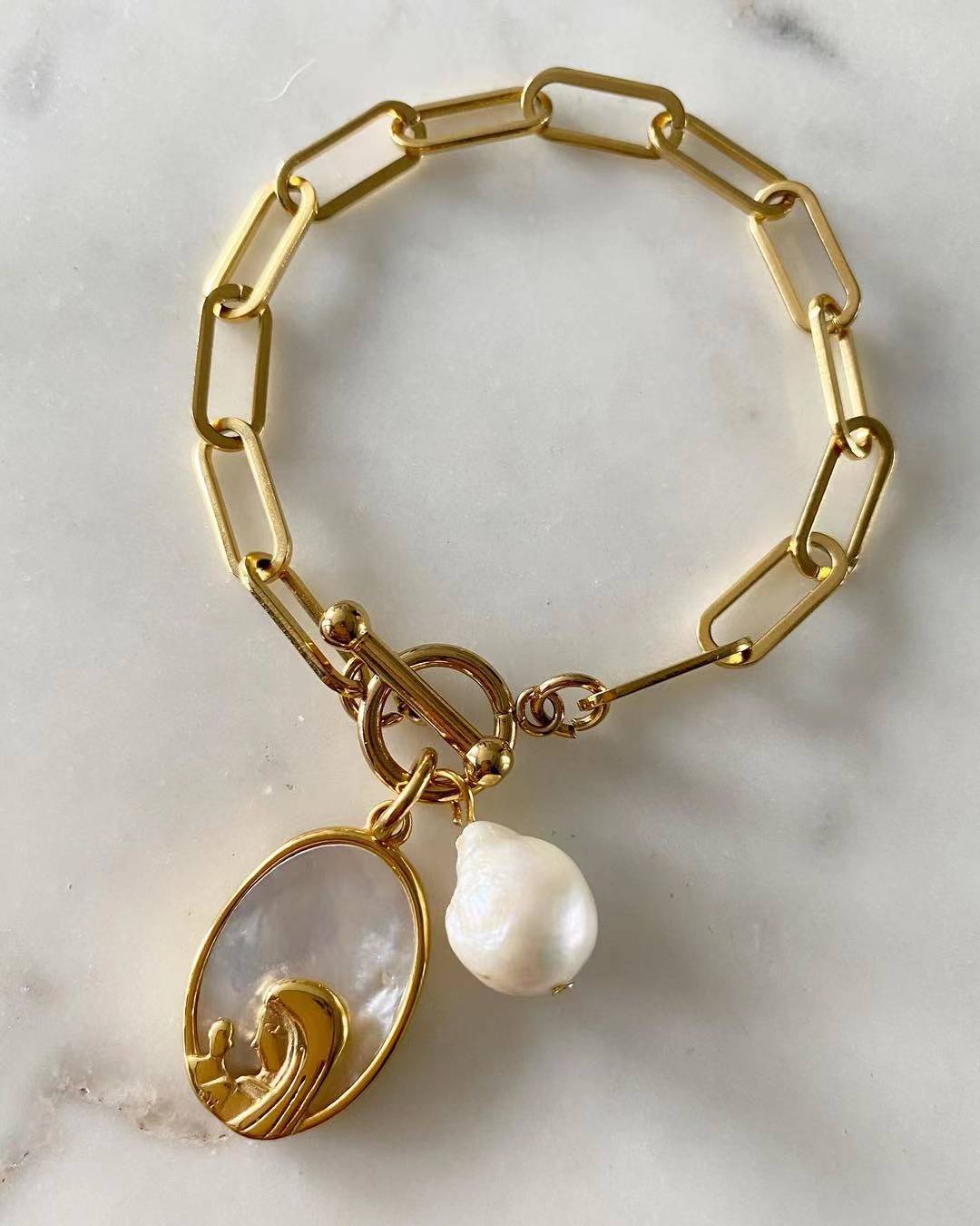 Our Lady of Lourdes With Freshwater Pearl Paperclip Chain Bracelet