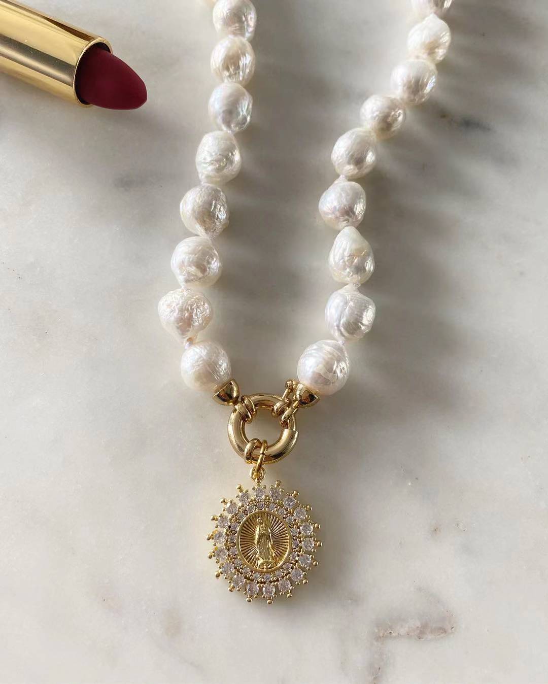 Our Lady of Guadalupe with Diamonds Baroque Pearl Necklace