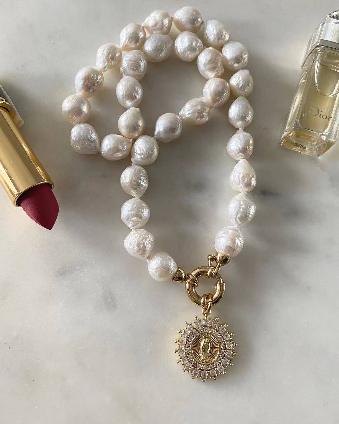 Our Lady of Guadalupe with Diamonds Baroque Pearl Necklace