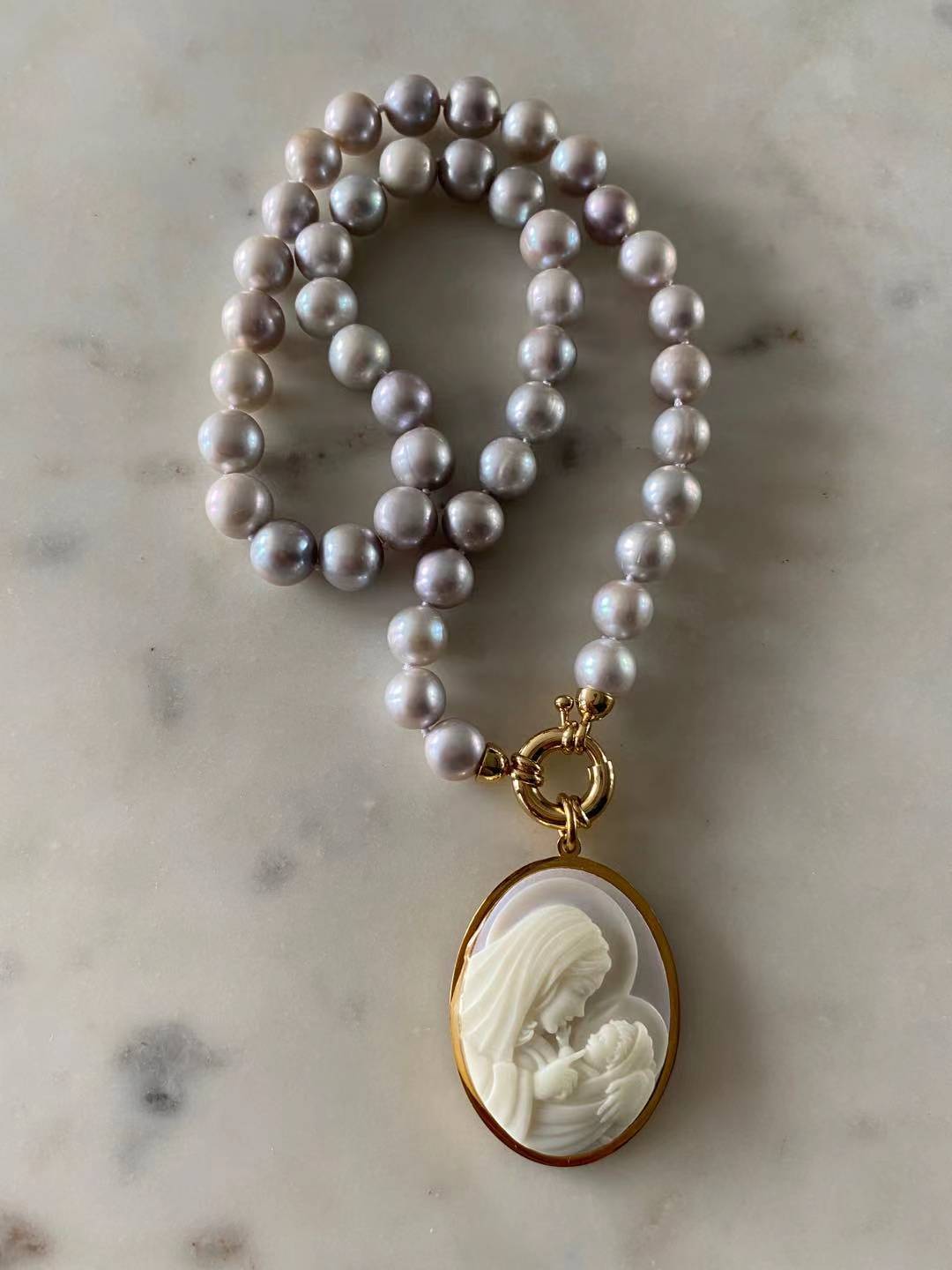 Grey Pearl Necklace with Cameo Pendant