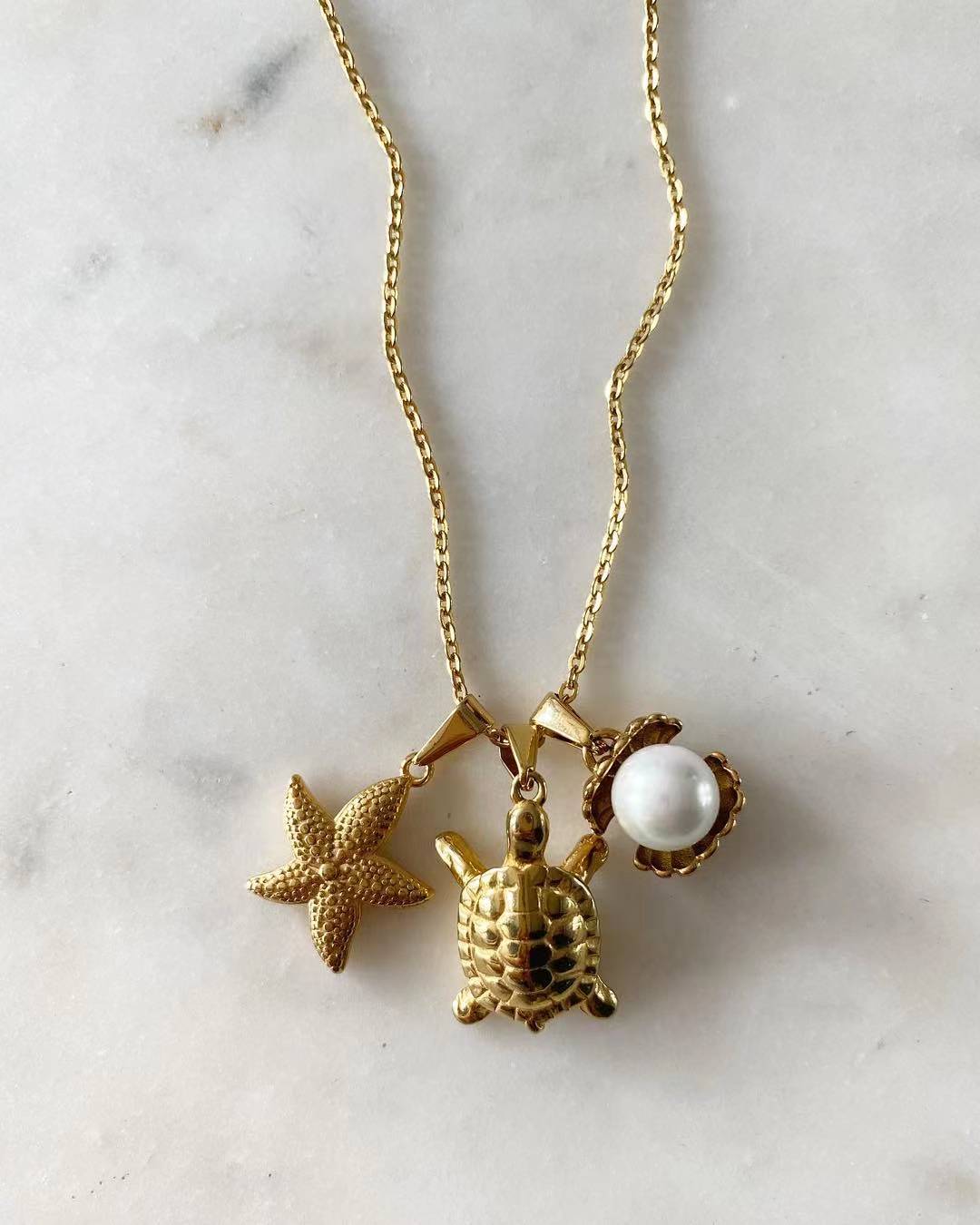 Starfish • Giant Turtle • Clam Shell Seascape Necklace