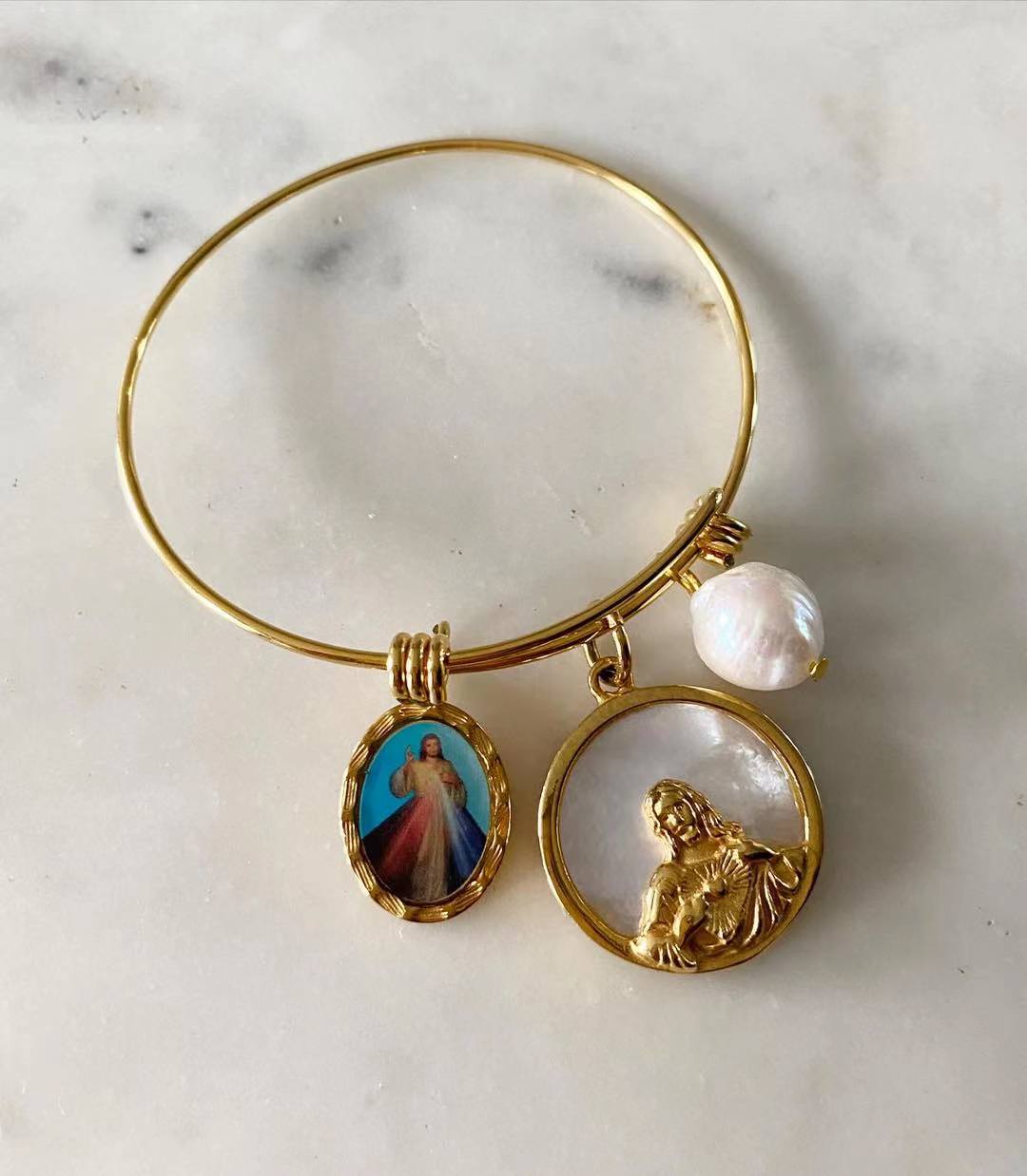 Divine Mercy • Sacred Heart of Jesus • Pearl Faith Bangle