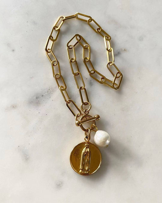 Blessed Virgin Mary Chain Necklace with Pearl