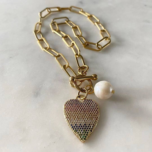 Amore Multicolored Toggle Lock Chain Necklace with Pearl