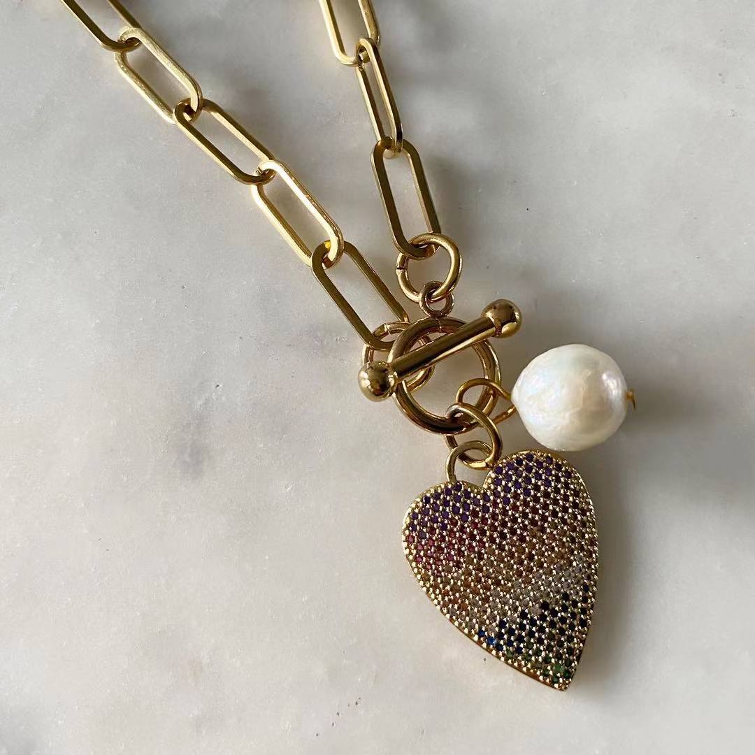 Amore Multicolored Toggle Lock Chain Necklace with Pearl