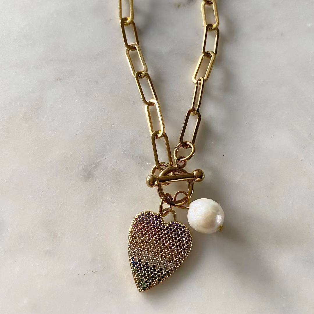 Amore Multicolored Toggle Lock Chain Necklace with Pearl