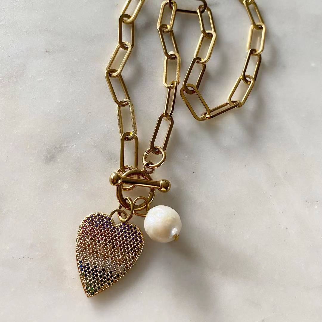Amore Multicolored Toggle Lock Chain Necklace with Pearl