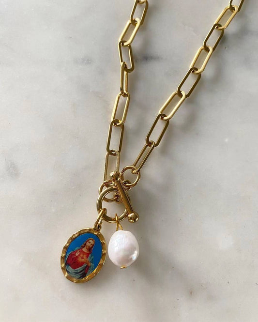 Small Sacred Heart of Jesus Toggle Lock Necklace with Freshwater Pearl