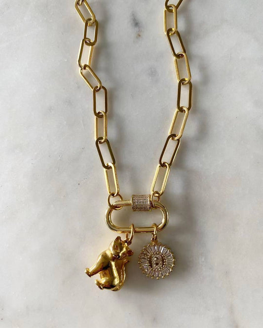 Gold Carabiner with Cat and  Letter B Diamond Initial Necklace