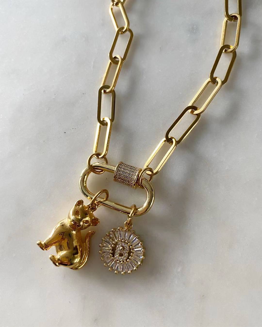 Gold Carabiner with Cat and Letter B Diamond Initial Necklace