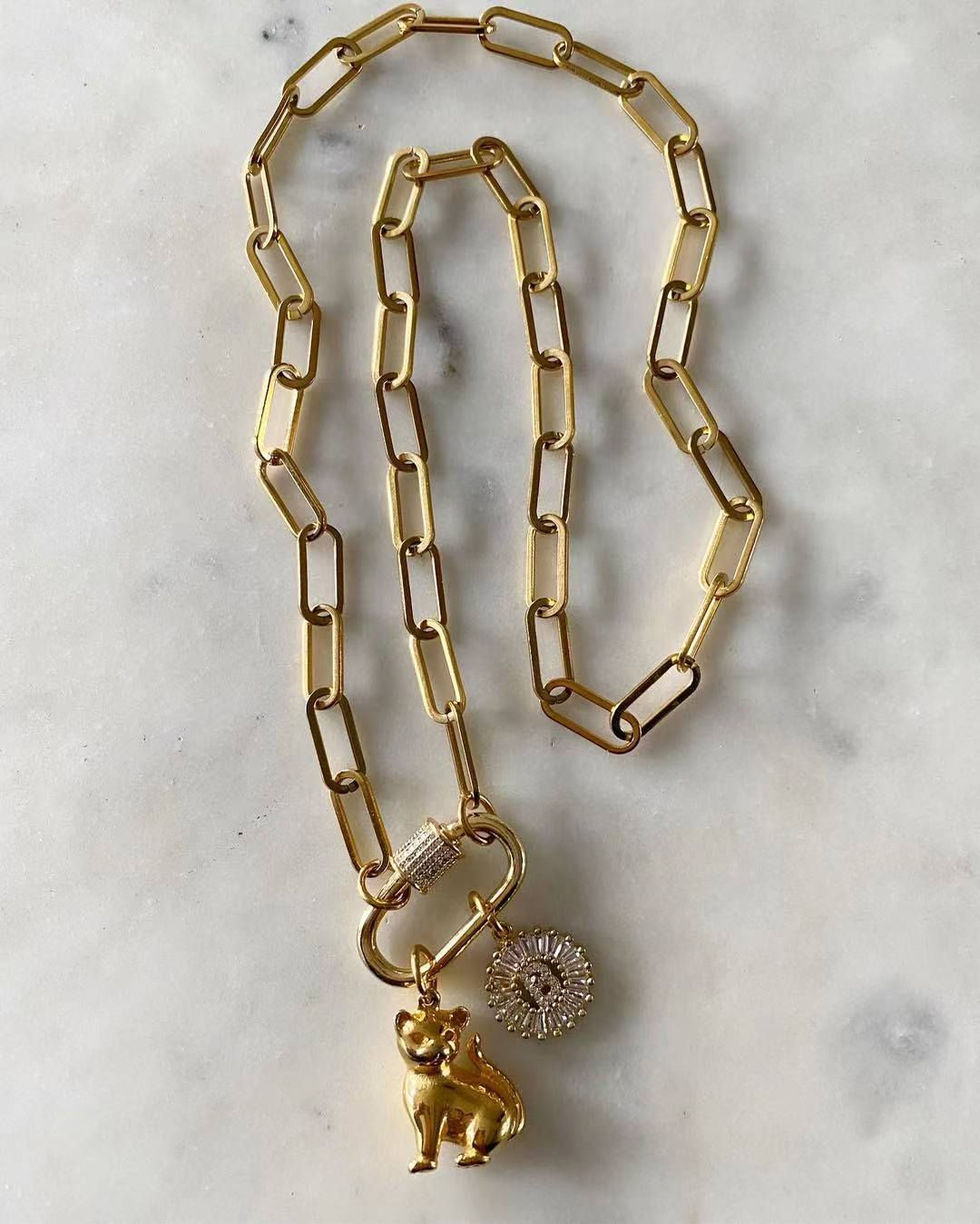 Gold Carabiner with Cat and Letter B Diamond Initial Necklace