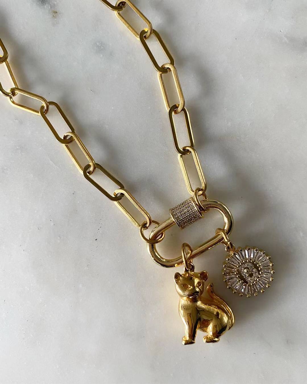 Gold Carabiner with Cat and Letter B Diamond Initial Necklace