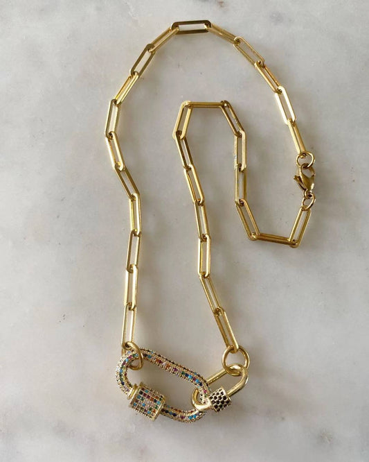 Double Oval Lock Sapphire Large Multicolored Studded Necklace