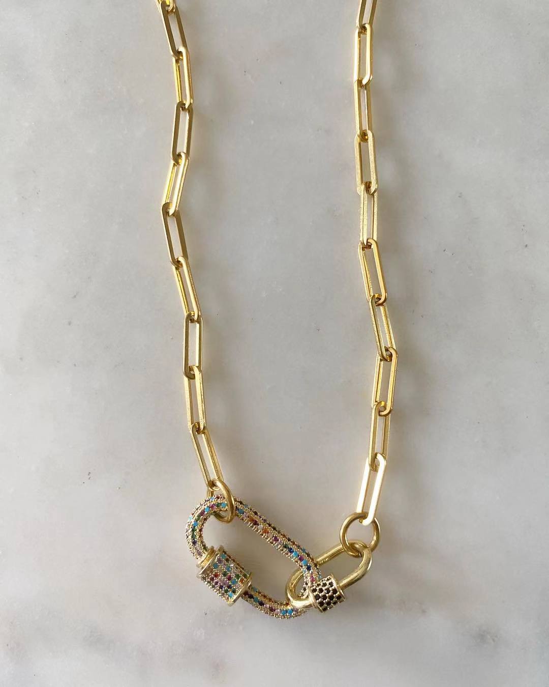 Double Oval Lock Sapphire Large Multicolored Studded Necklace