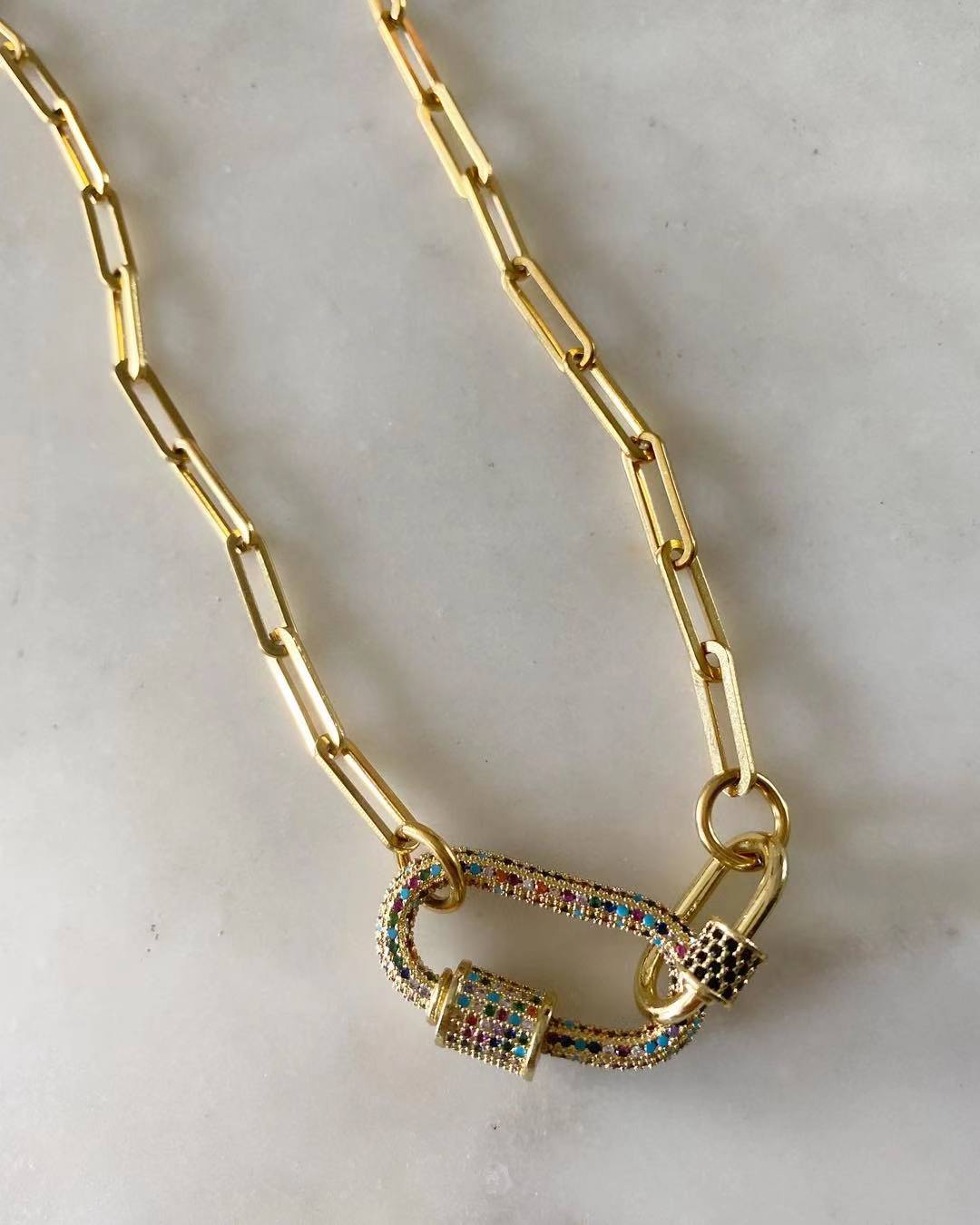 Double Oval Lock Sapphire Large Multicolored Studded Necklace