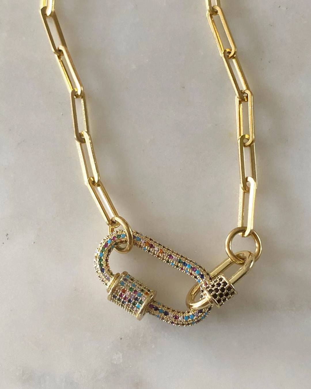 Double Oval Lock Sapphire Large Multicolored Studded Necklace