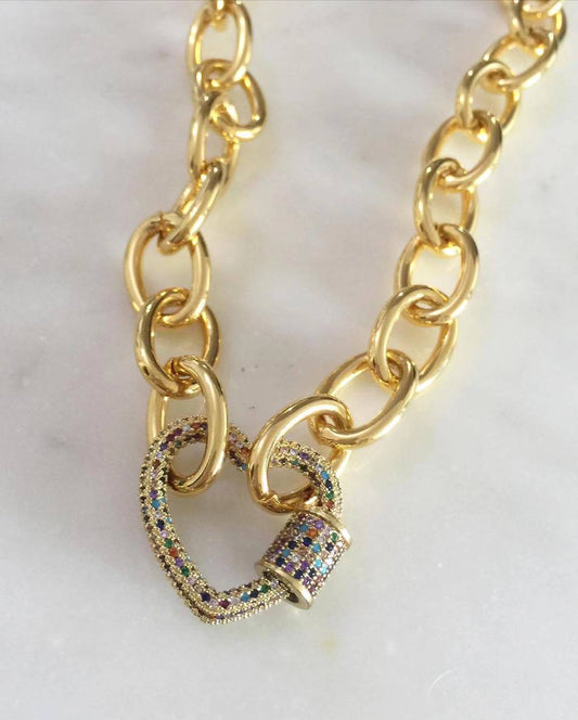 Multicolored Stidded Heart Lock with Chunky Chain Necklace