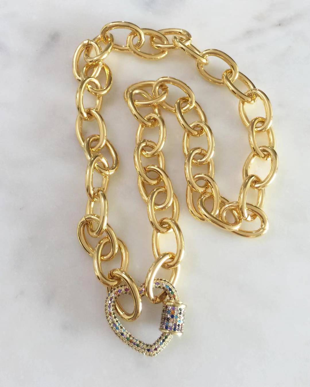 Multicolored Stidded Heart Lock with Chunky Chain Necklace