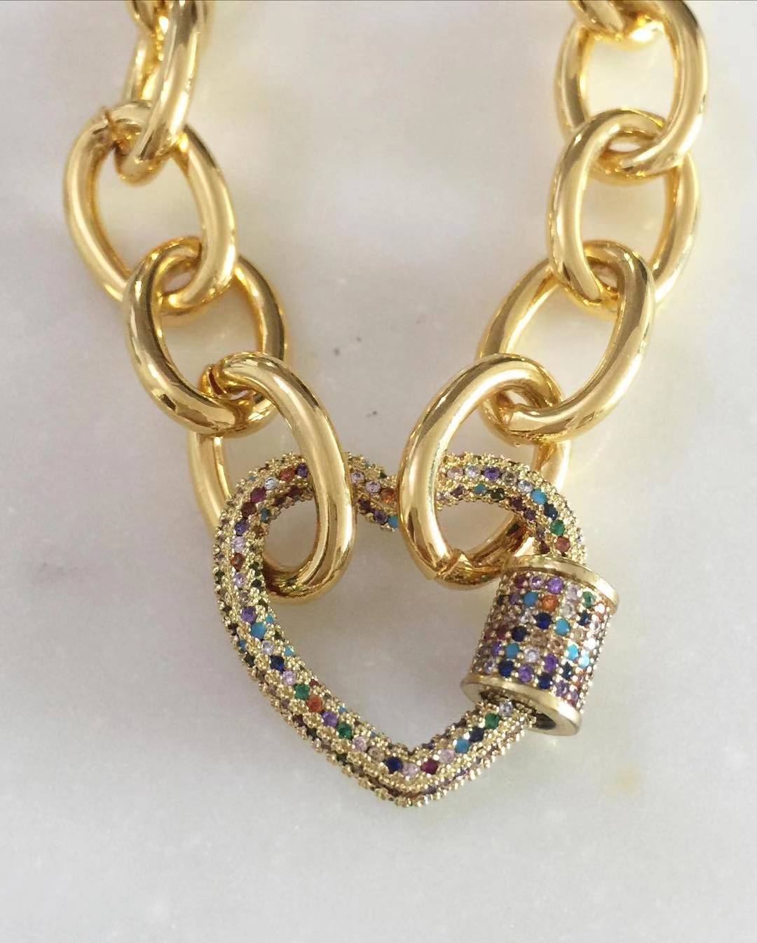 Multicolored Stidded Heart Lock with Chunky Chain Necklace
