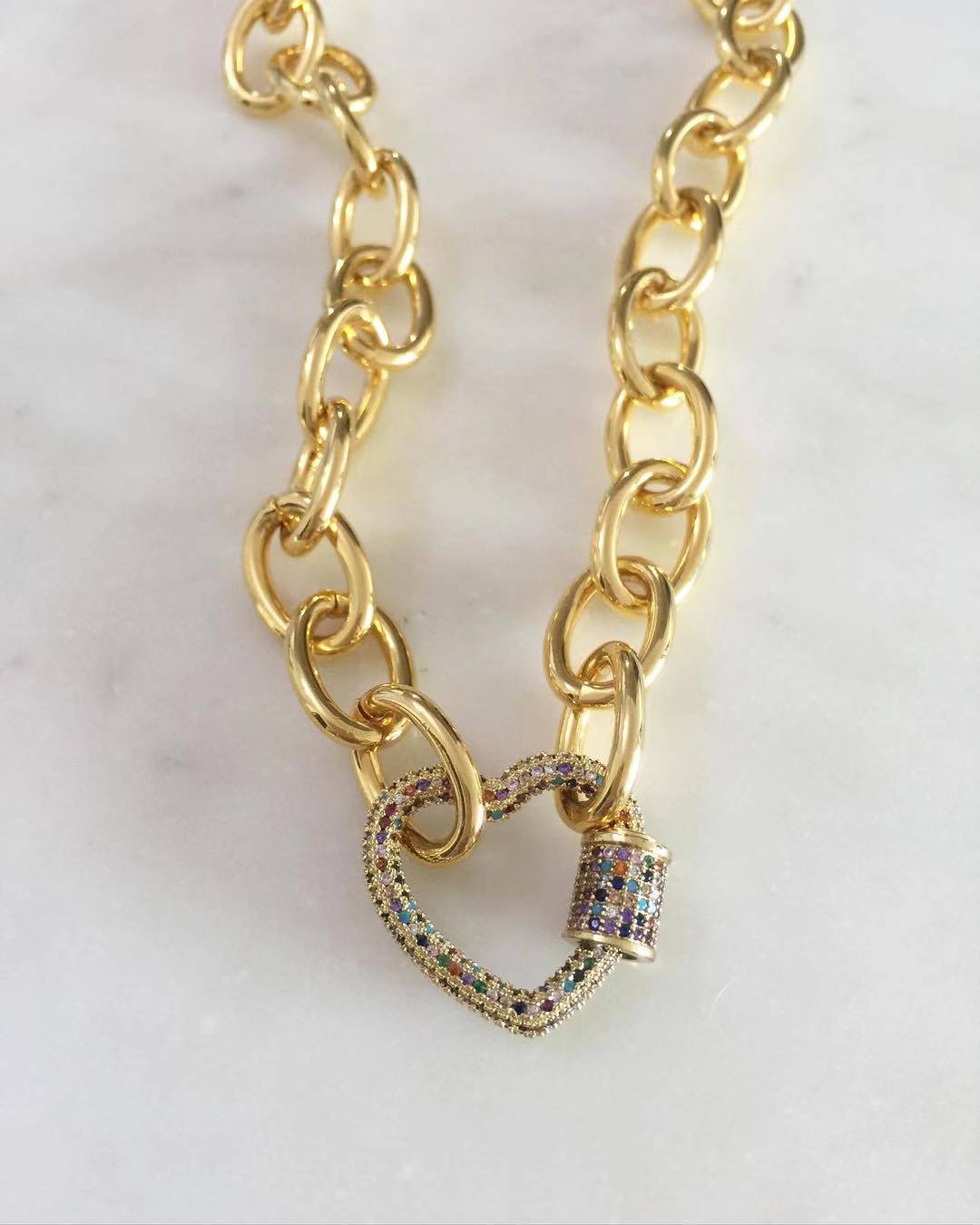 Multicolored Stidded Heart Lock with Chunky Chain Necklace