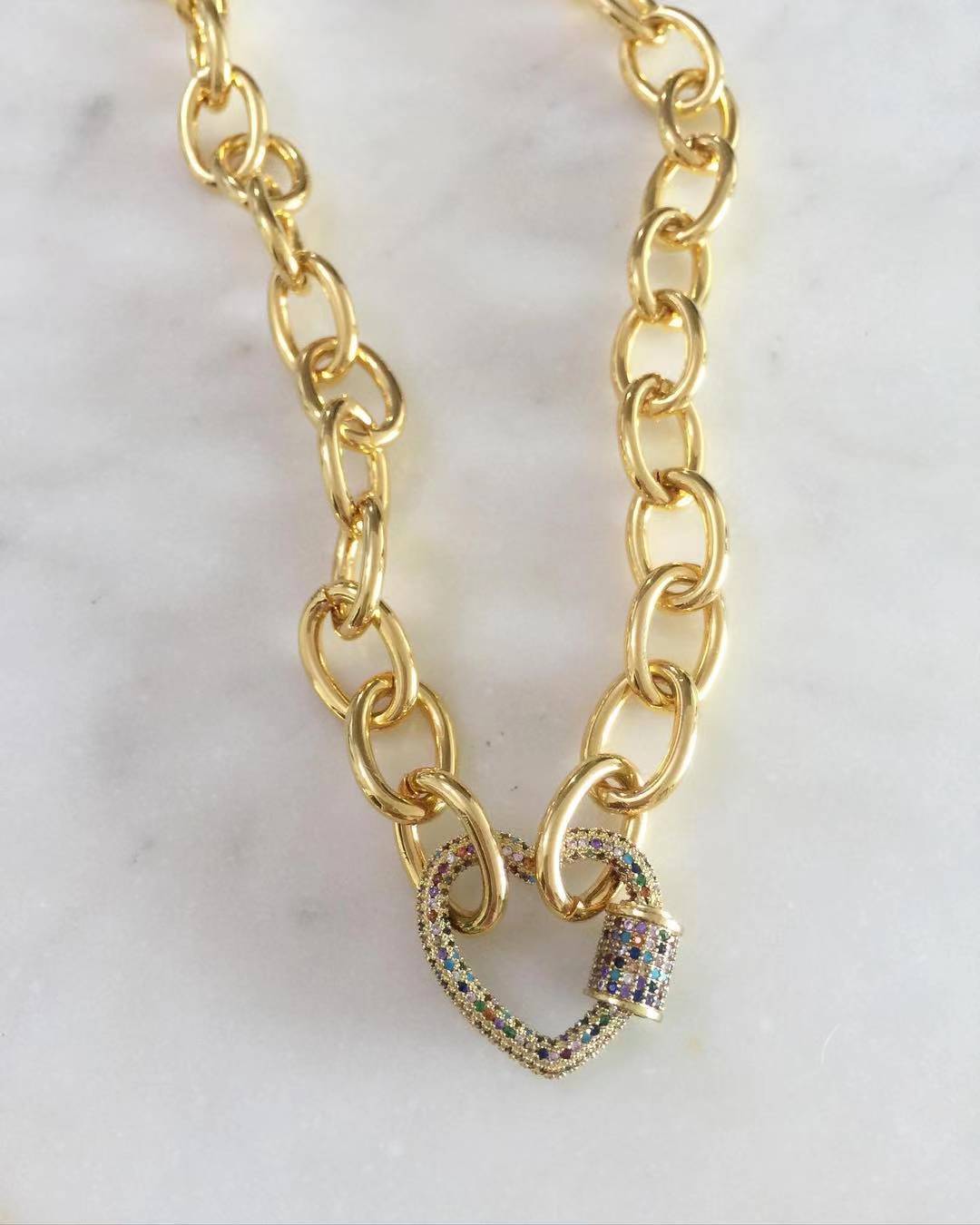 Multicolored Stidded Heart Lock with Chunky Chain Necklace