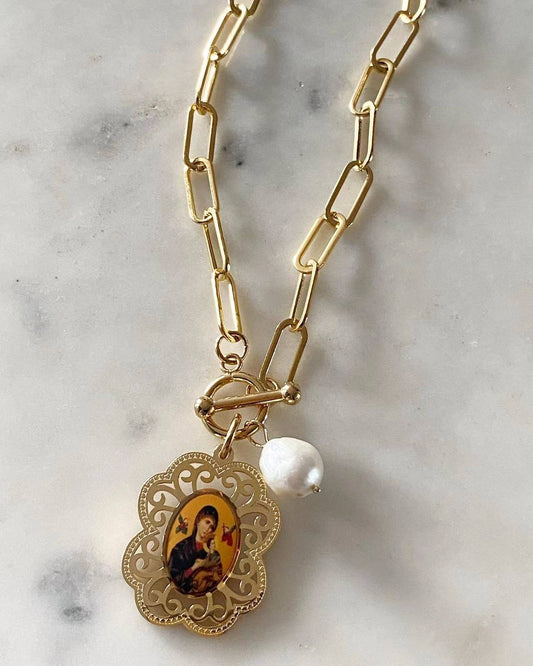 Our Mother of Perpetual Help Toggle Lock Necklace with Pearl