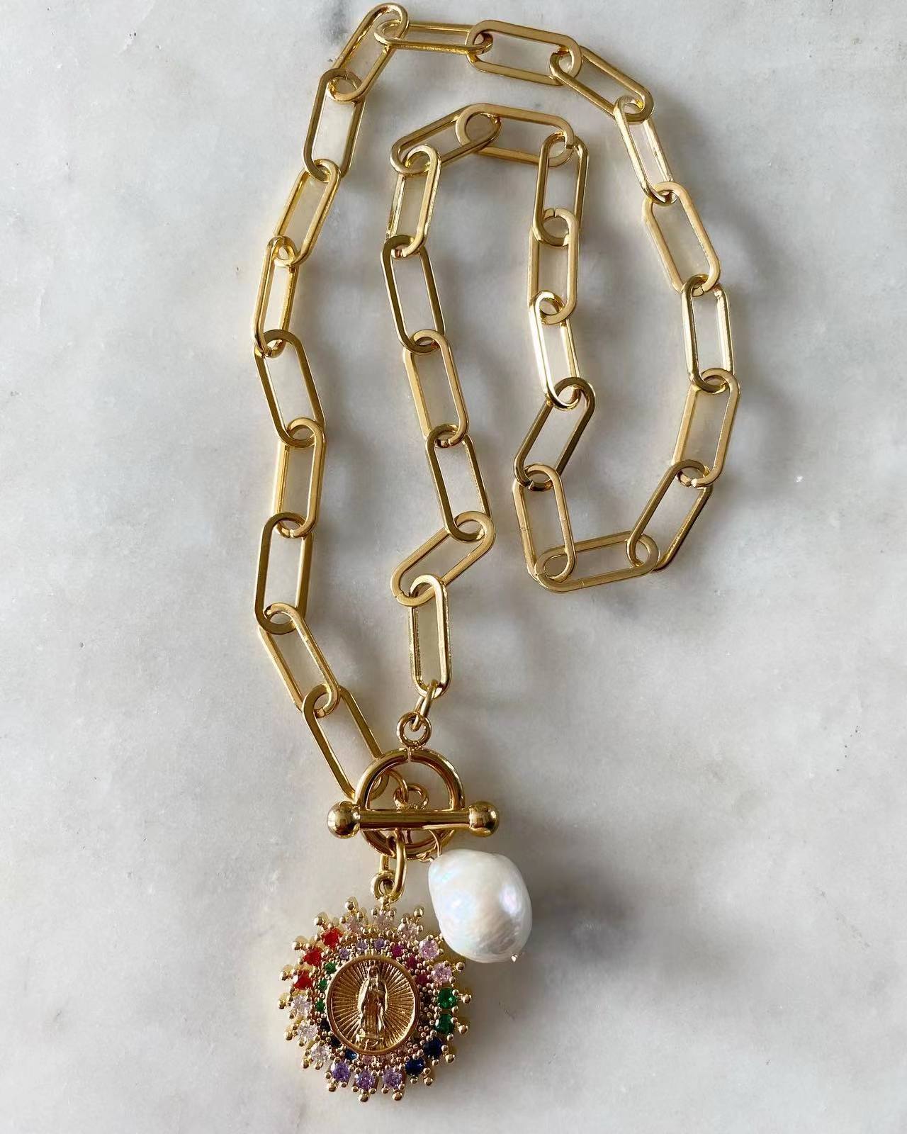 Multicolored Our Lady of Guadalupe Toggle Lock Necklace with Pearl