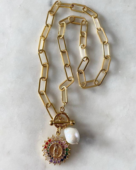 Multicolored Our Lady of Guadalupe Toggle Lock Necklace with Pearl