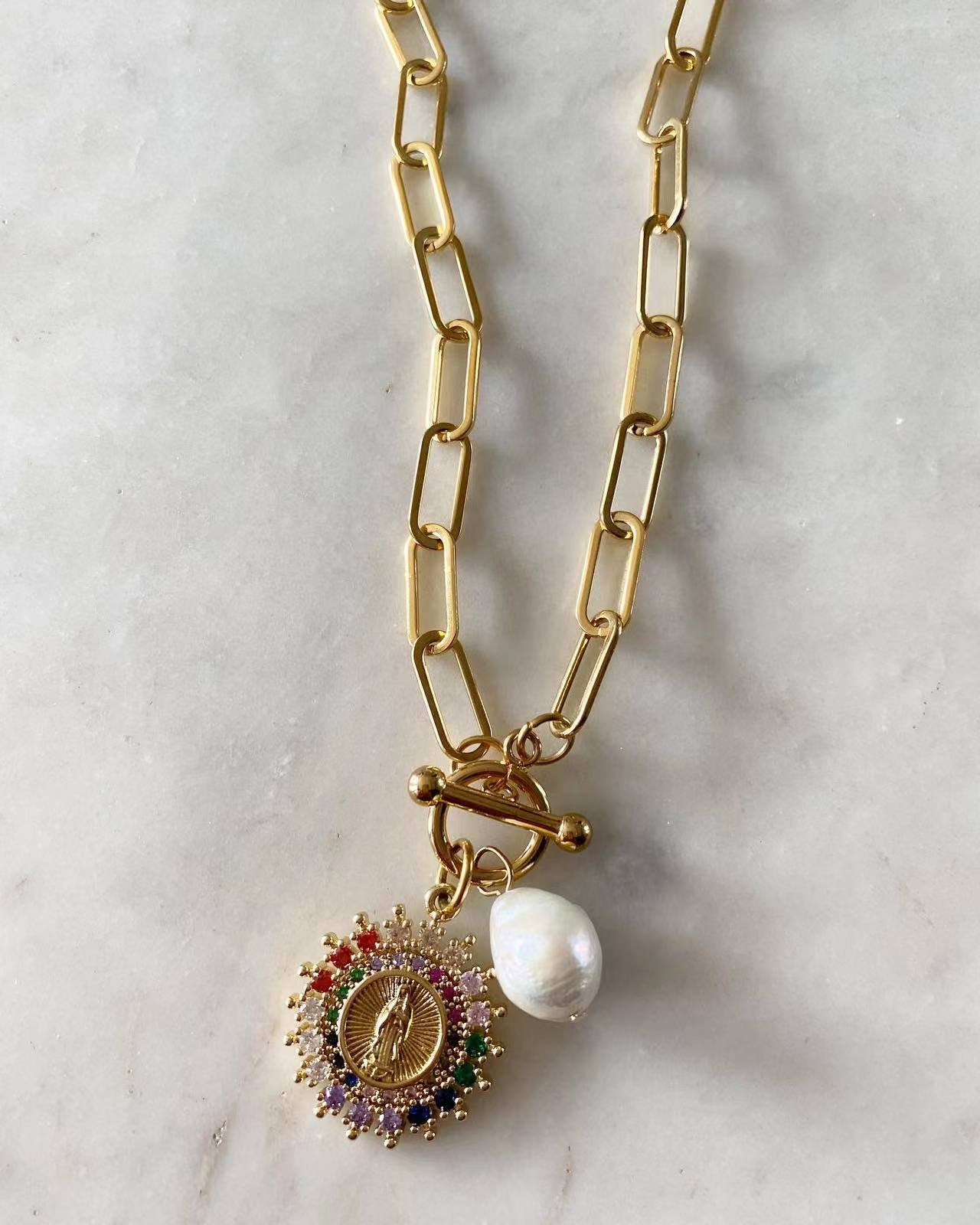 Multicolored Our Lady of Guadalupe Toggle Lock Necklace with Pearl
