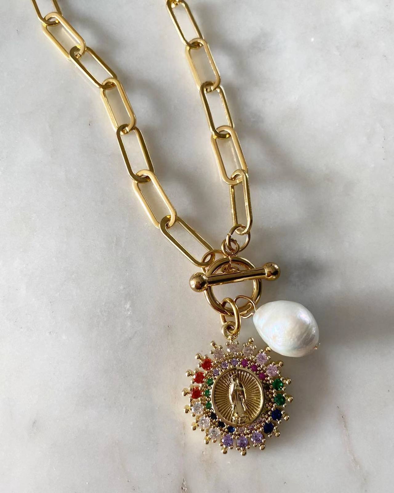 Multicolored Our Lady of Guadalupe Toggle Lock Necklace with Pearl