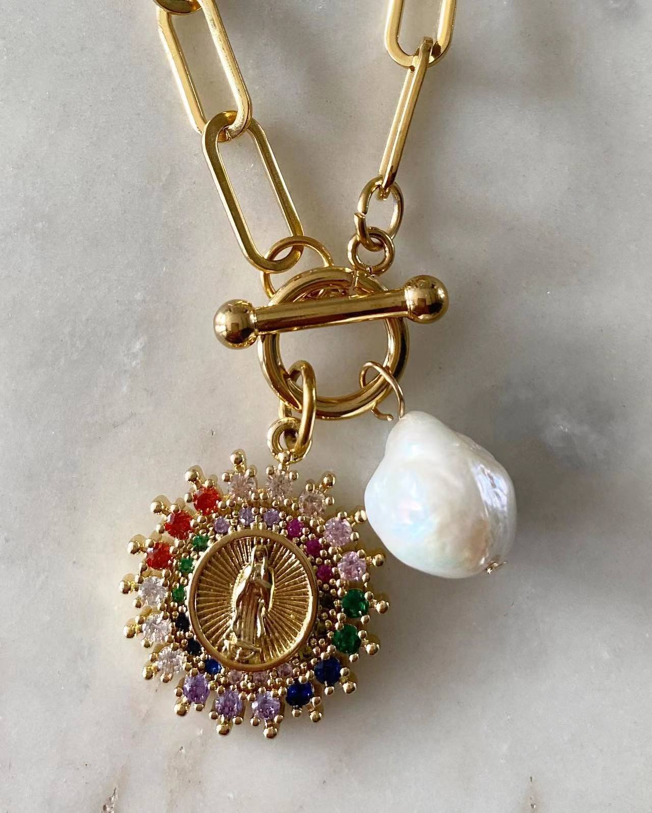 Multicolored Our Lady of Guadalupe Toggle Lock Necklace with Pearl