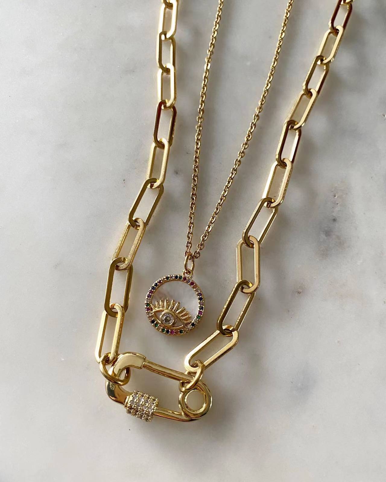 Evil Eye + Safety Pin Set Necklace