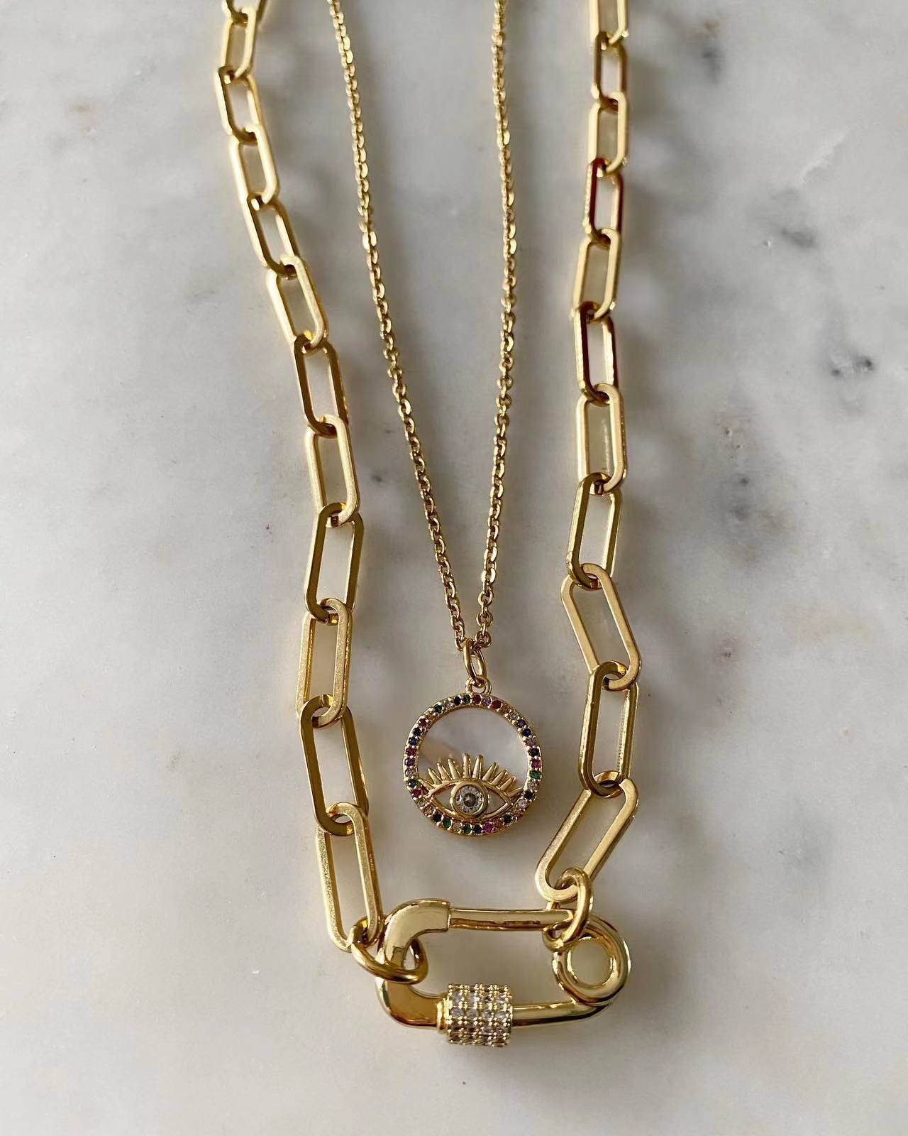 Evil Eye + Safety Pin Set Necklace