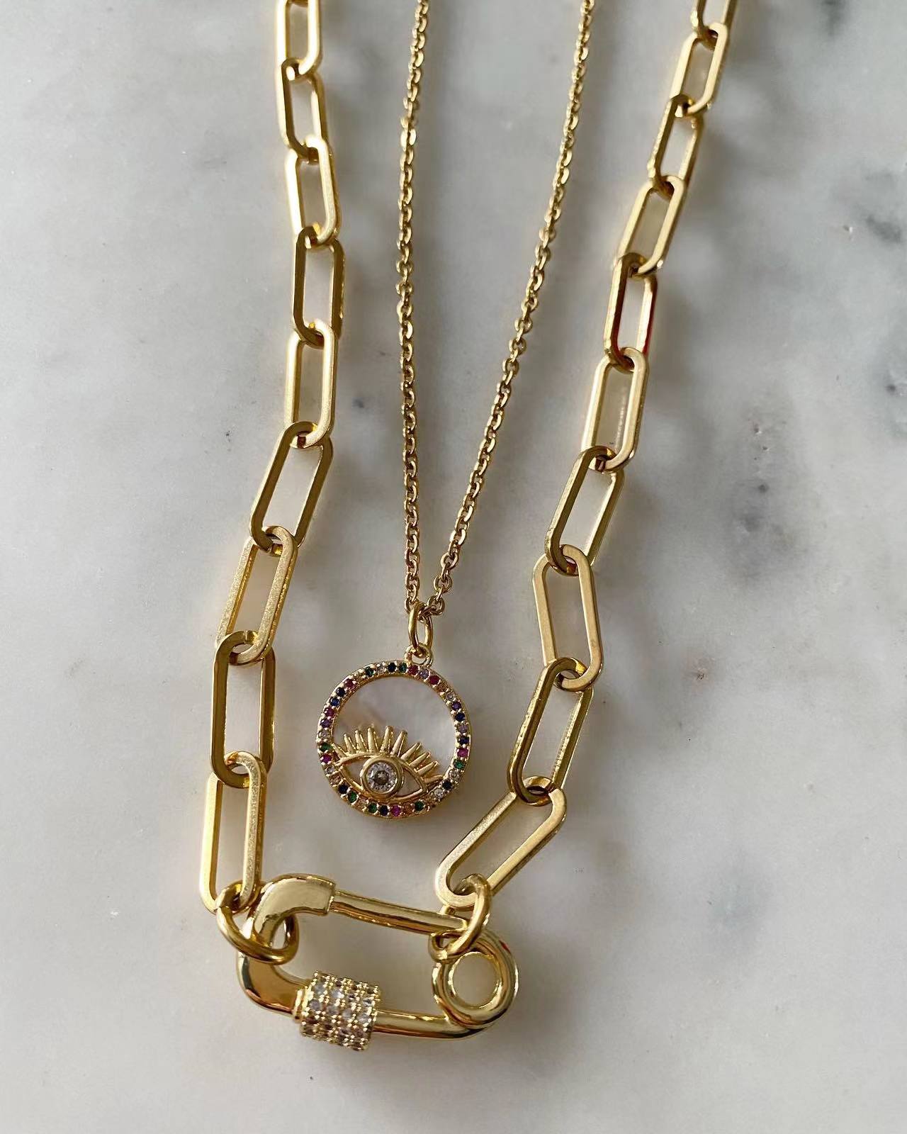 Evil Eye + Safety Pin Set Necklace