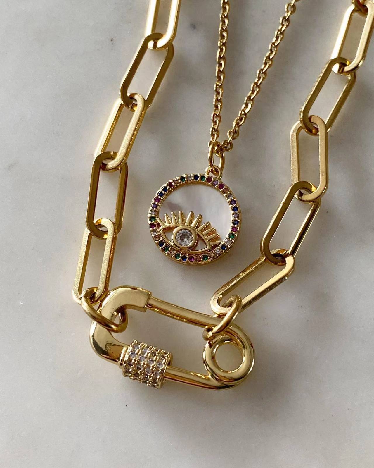 Evil Eye + Safety Pin Set Necklace