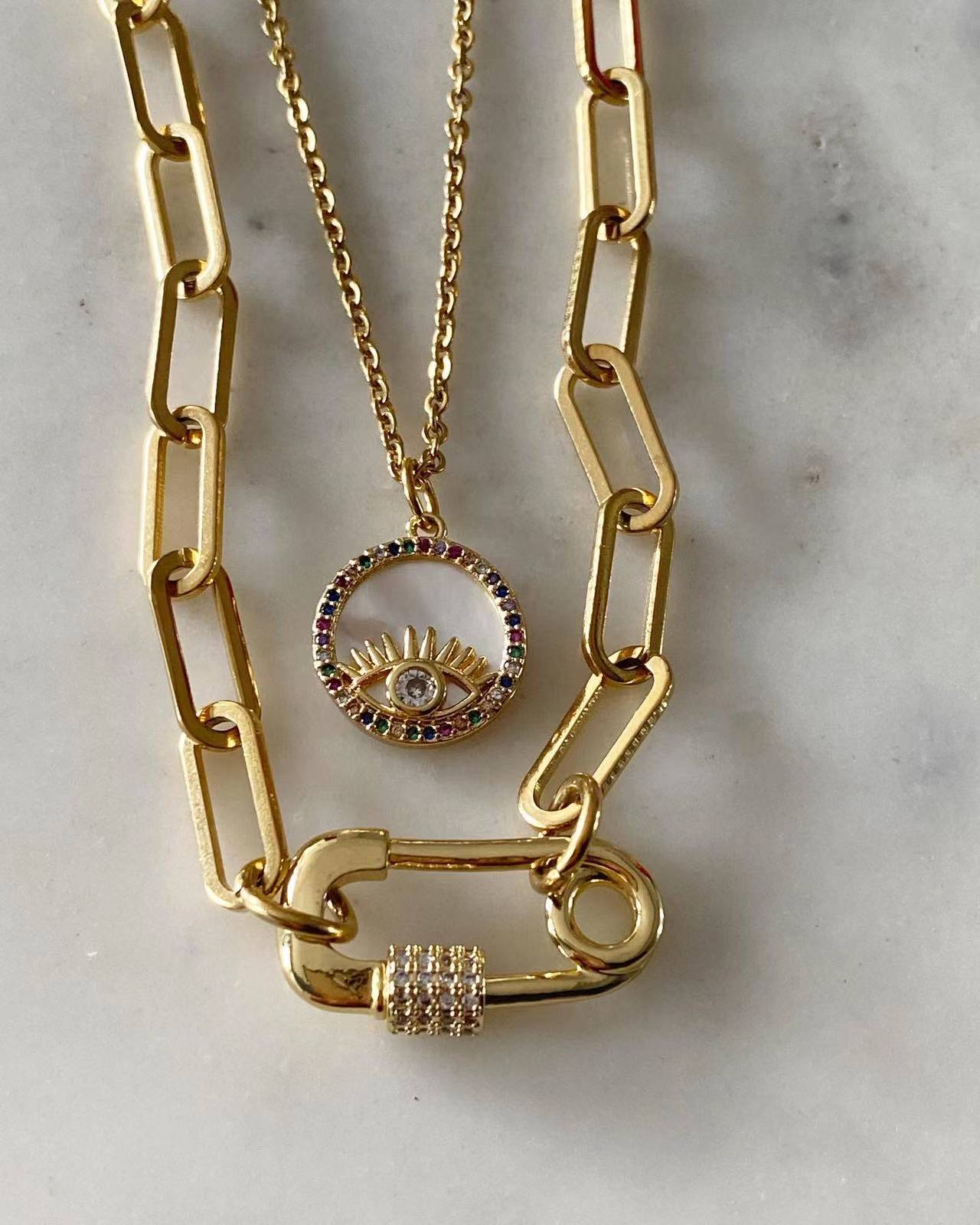 Evil Eye + Safety Pin Set Necklace