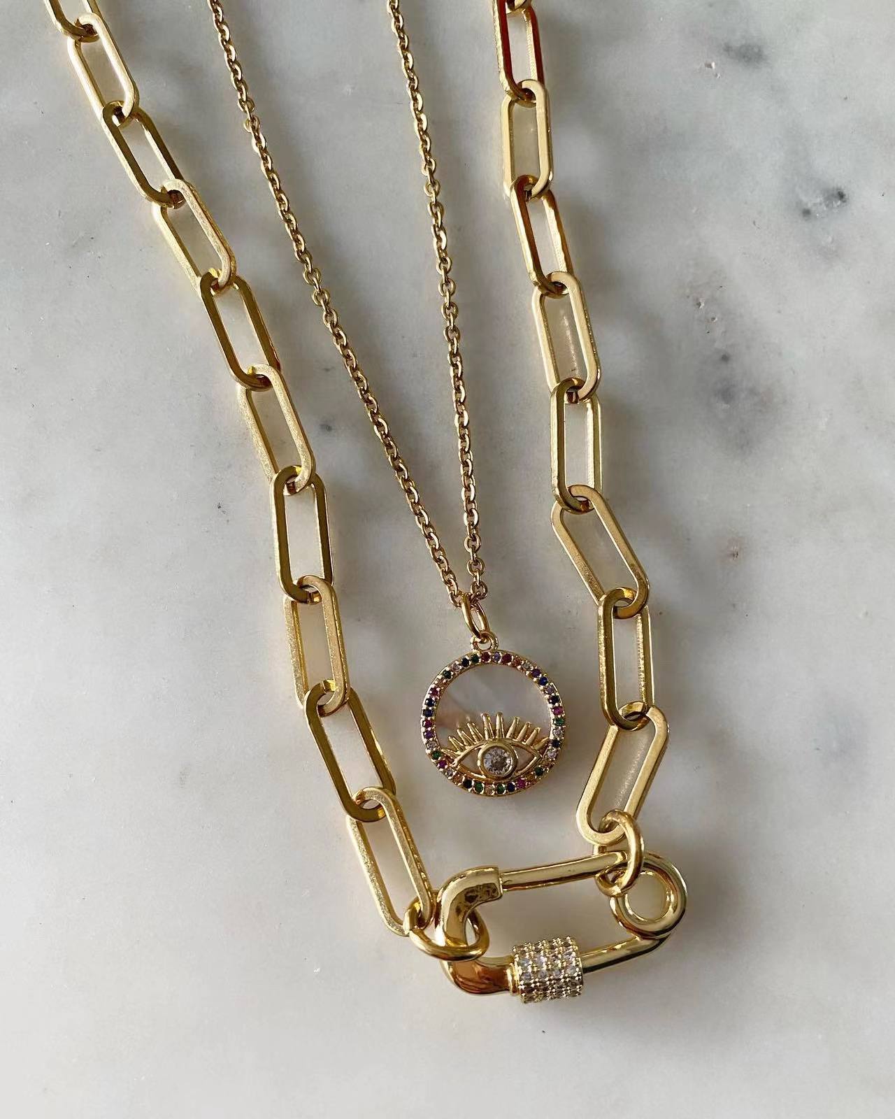 Evil Eye + Safety Pin Set Necklace