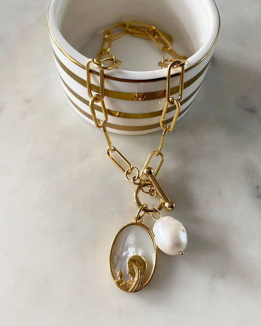 Our Lady of Lourdes Toggle Lock Necklace with Pearl