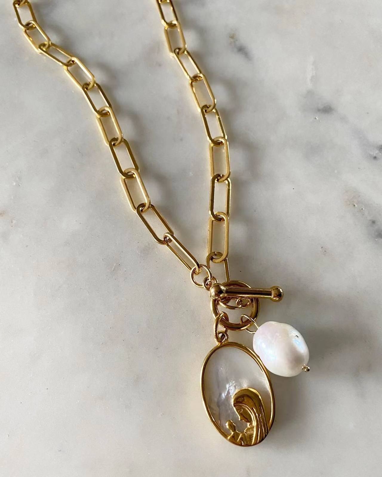 Our Lady of Lourdes Toggle Lock Necklace with Pearl
