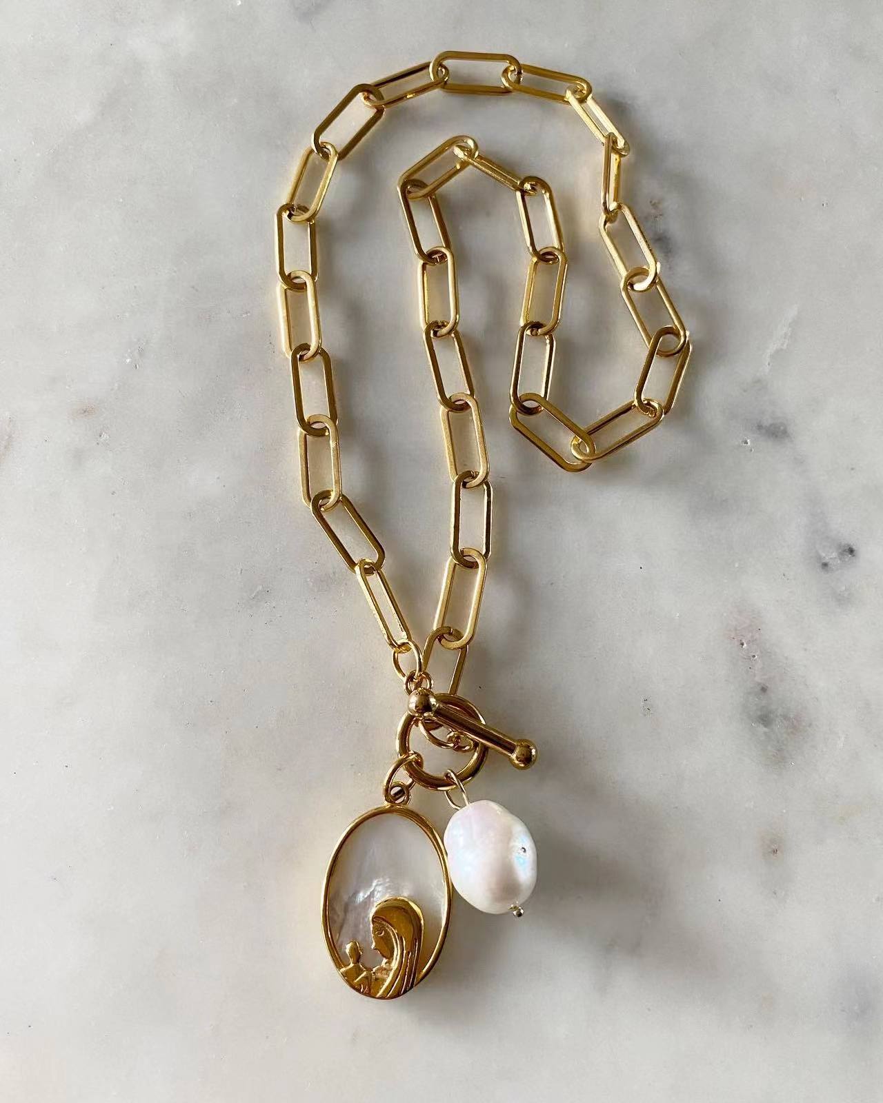 Our Lady of Lourdes Toggle Lock Necklace with Pearl
