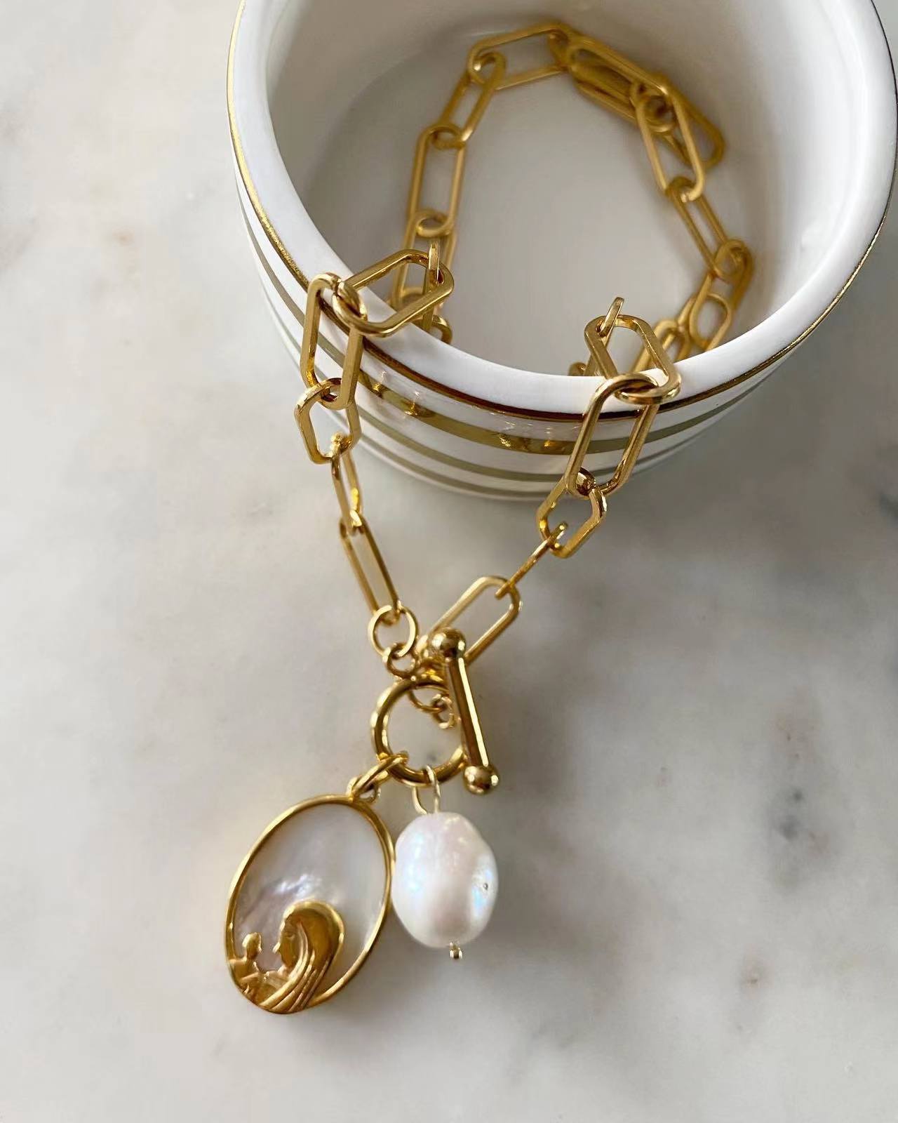 Our Lady of Lourdes Toggle Lock Necklace with Pearl