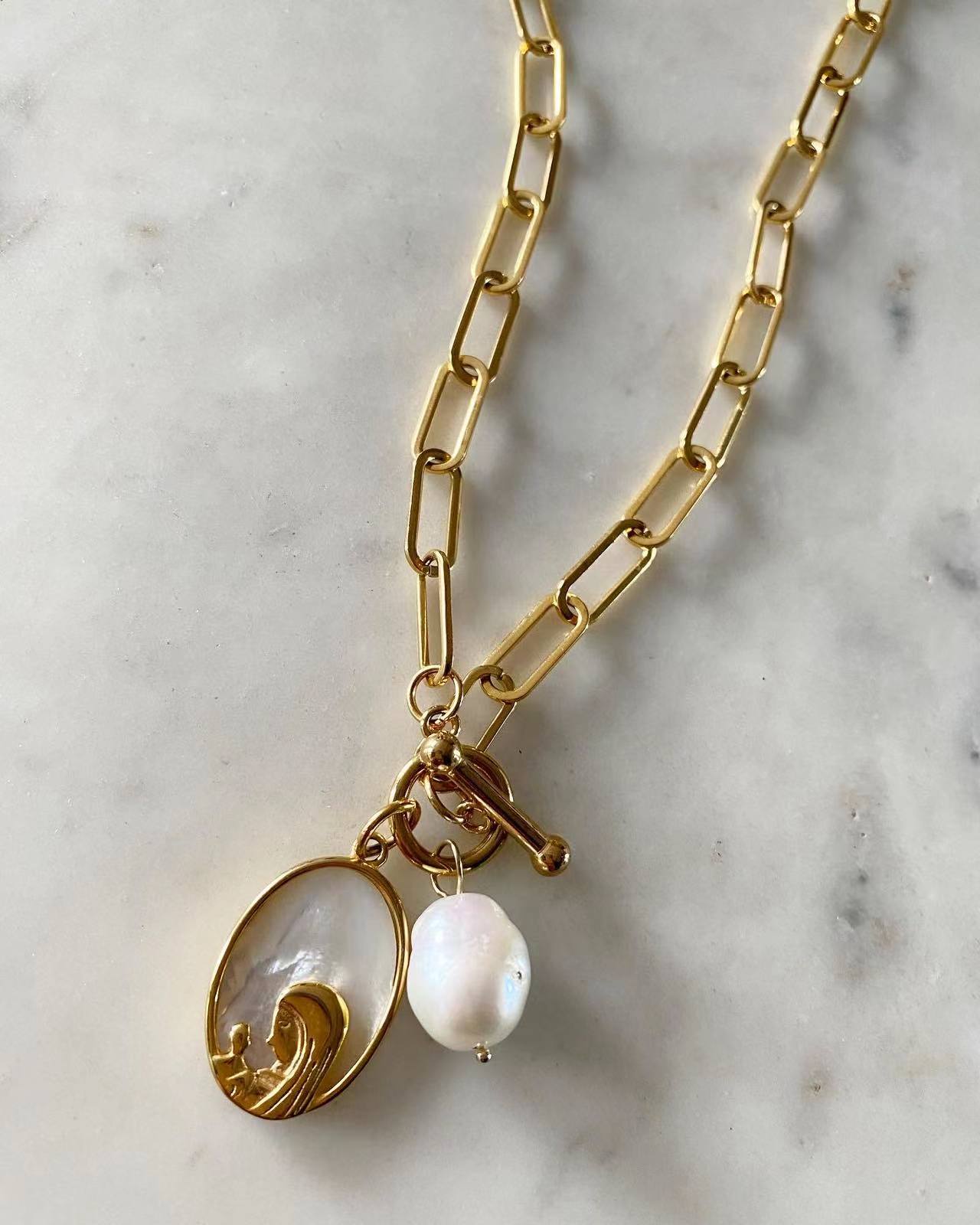 Our Lady of Lourdes Toggle Lock Necklace with Pearl