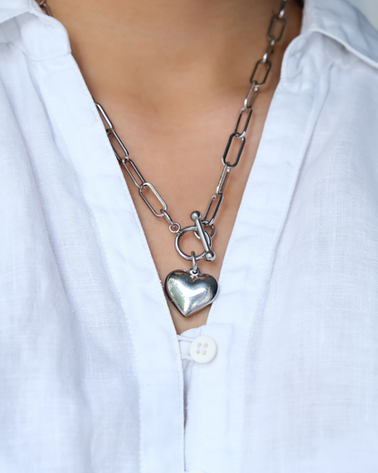 Medium Puff Heart Silver Toggle Lock Shiloh Chain Necklace