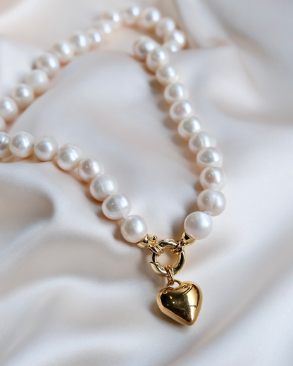 Big Freshwater Pearl Necklace with Puff Heart