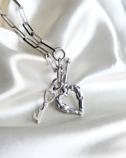 Heart and Key Silver Toggle Lock Chain Nacklace