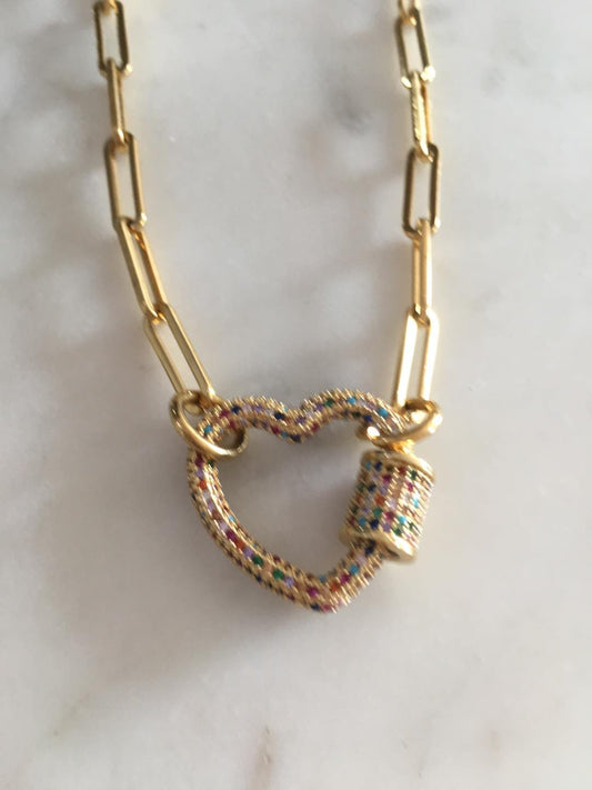 Multicolored Studded Heart Lock Chain-link Necklace