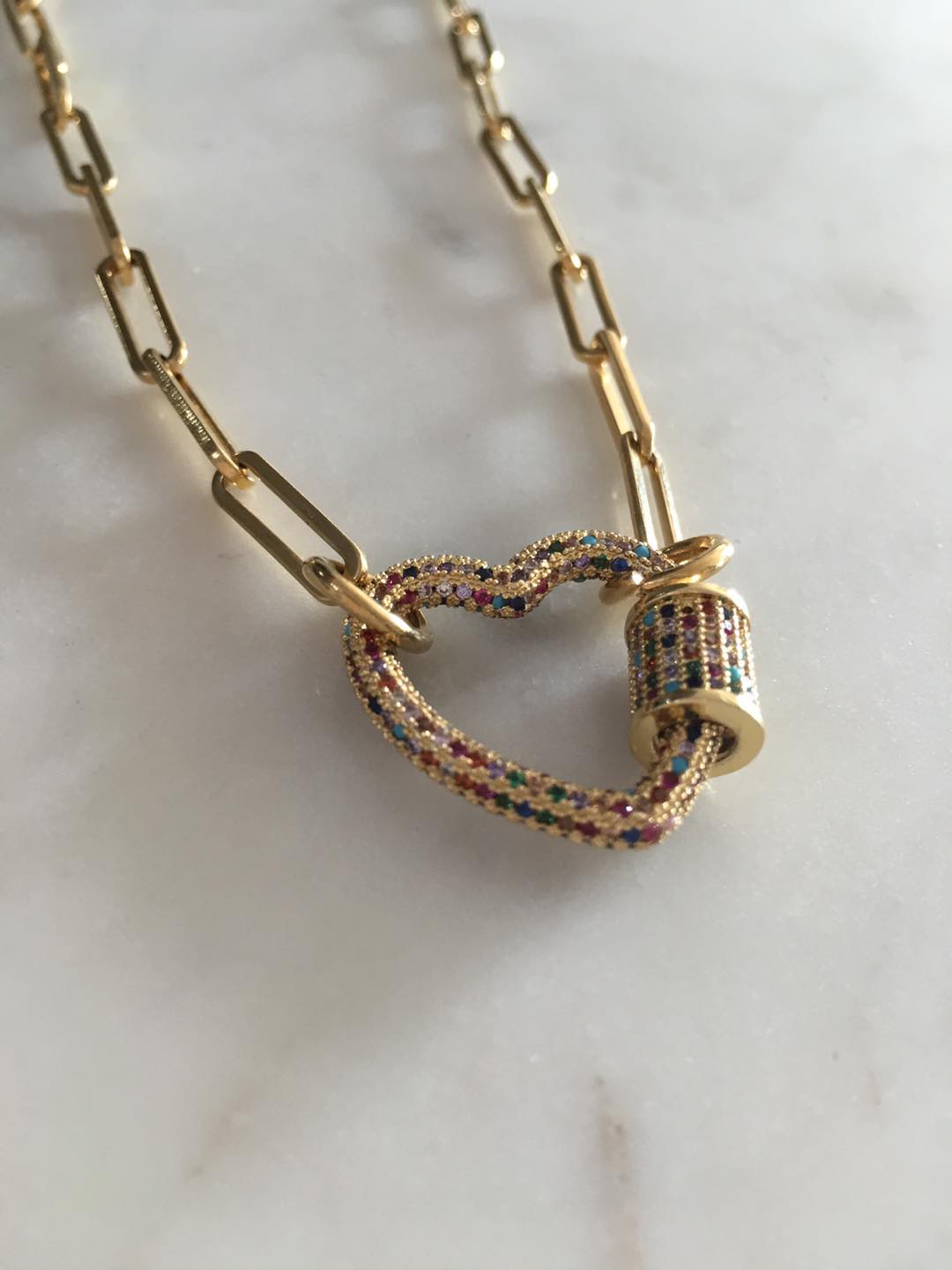 Multicolored Studded Heart Lock Chain-link Necklace
