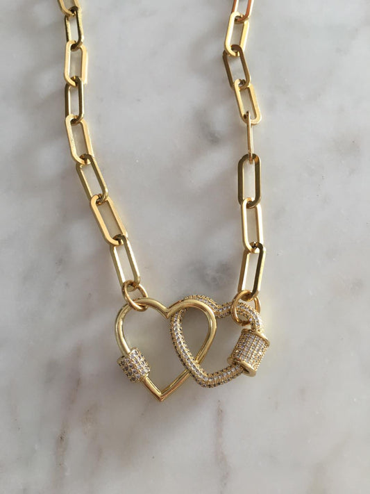 Double Heart Lock Chain-link Necklace (Plain and Studded Diamonds Combination)
