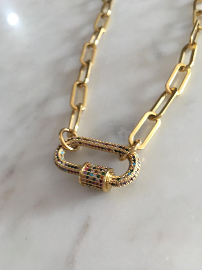 Sage Multicolored Studded Large Oval Lock Chain-link Necklace